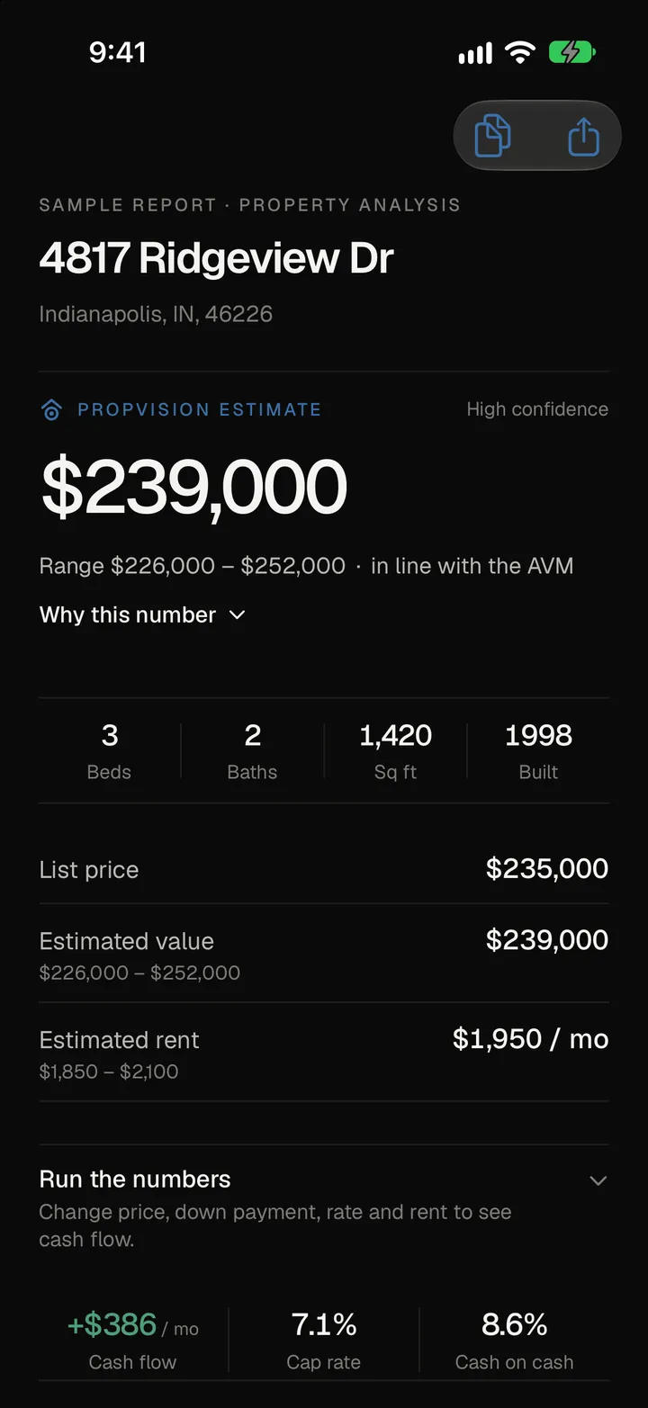 PropVision Property analysis report screen